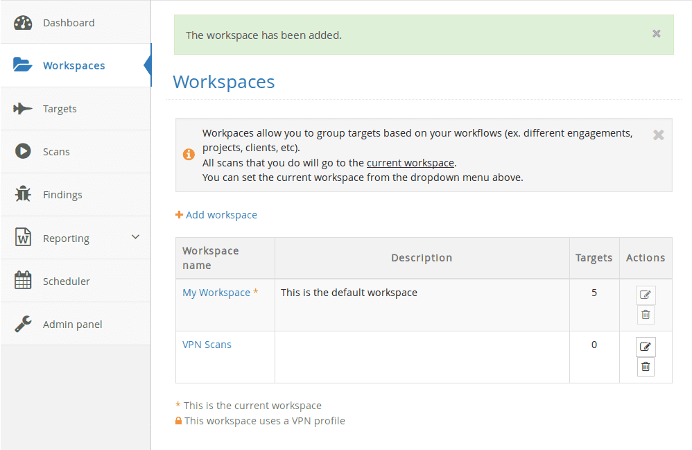 create new workspace pentest-tools.com